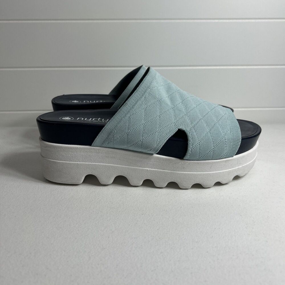 Nuture Roam Sandals Size 9.5 Blue Willow Knit Platform Slip on Comfort